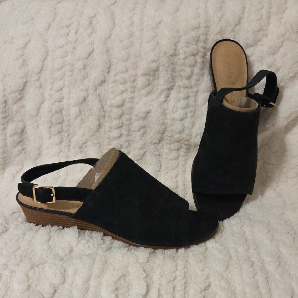 Clarks Black Open-Toe Slingback Wedge Sandals